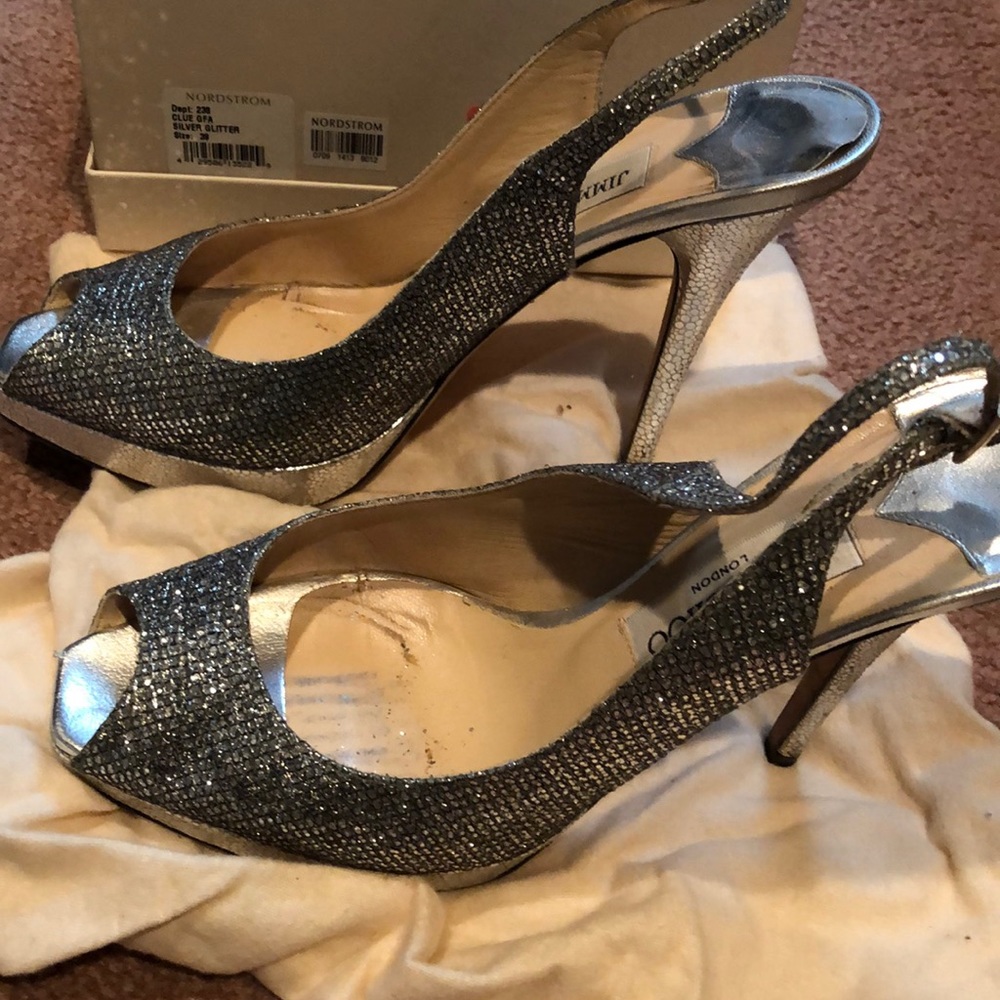 Jimmy Choo silver glitter peep toe pumps